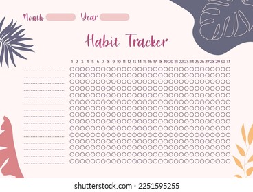 Vector Modern colorful monthly habit tracker printable template with colorful elements. Habits tracker for month. Blank white notebook page A4

