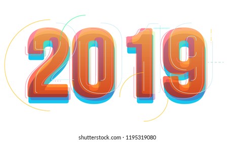 Vector modern colorful number 2019 in geometric flat style. Happy new year design concept. Minimalistic trendy illustration background for branding banner, cover, poster, card.