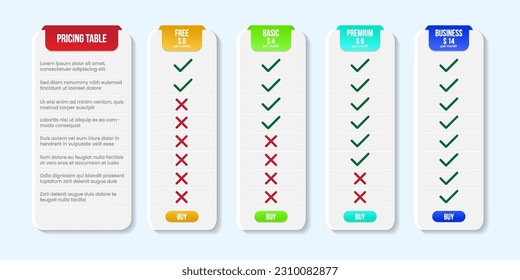 Vector modern colorful pricing table template. Vector comparison table, price chart template, business plan pricing grid.