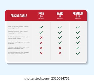 Vector modern colorful pricing table template. Vector comparison table, price chart template, business plan pricing grid.