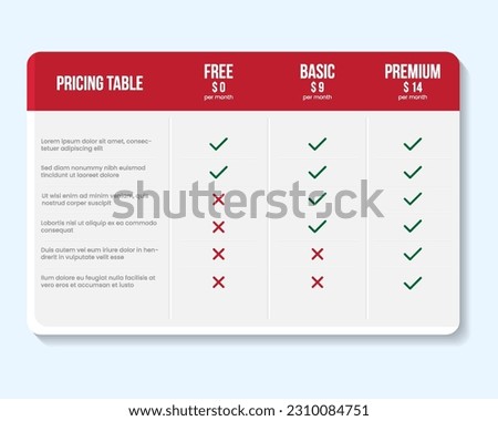 Vector modern colorful pricing table template. Vector comparison table, price chart template, business plan pricing grid.