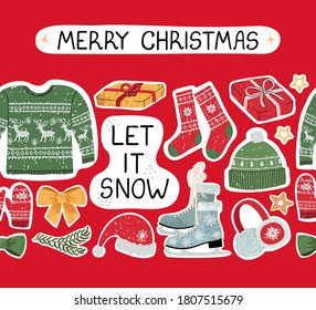 Vector modern colorful set with hand drawn doodle illustrations of christmas objects and lettering, stickers. Use it as elements for design greeting cards , poster, card, packaging paper design