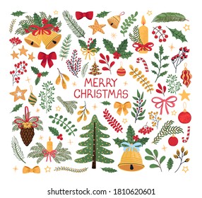 Vector modern colorful set with hand drawn doodle illustrations of christmas objects and lettering. Use it as elements for design greeting cards , poster, card, packaging paper design