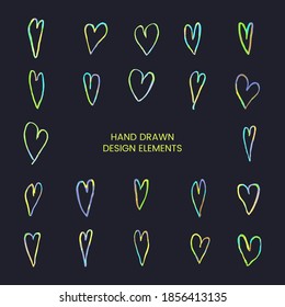 Vector modern colorful set with hand drawn doodle illustrations of heart. Use it as as elements for design greeting cards , poster, card, packaging paper design for Valentine day