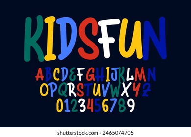 Vector de letra y alfabeto cómico moderno. Diseño de fuente de estilo lúdico, colorido alfabeto infantil, letras y números Ilustración vectorial