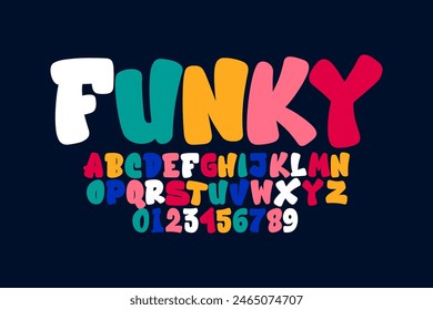 Vector de letra y alfabeto cómico moderno. Diseño de fuente de estilo lúdico, colorido alfabeto infantil, letras y números Ilustración vectorial