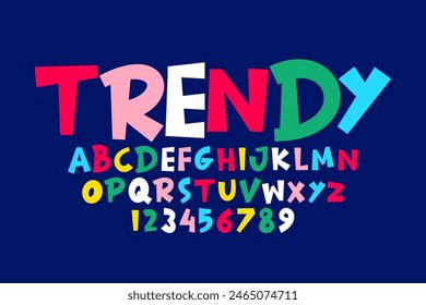 Vector of modern comical font and alphabet. Playful style font design, colorful childish alphabet, letters and numbers vector illustration