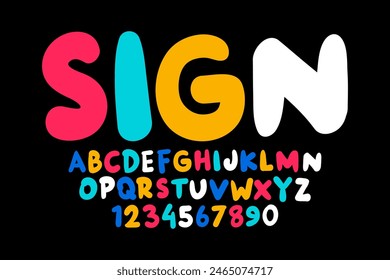 Vector of modern comical font and alphabet. Playful style font design, colorful childish alphabet, letters and numbers vector illustration