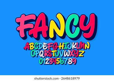 Vector of modern comical font and alphabet. Playful style font design, colorful childish alphabet, letters and numbers vector illustration
