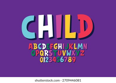 Vetor de fonte cômica moderna e alfabeto. Design de fonte estilo divertido, alfabeto infantil colorido, letras e números ilustração vetorial