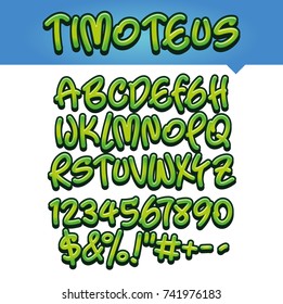 Vector of modern comical font and alphabet, green, comics style alphabet collection set