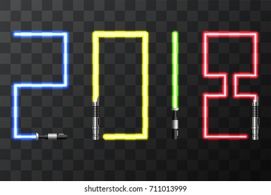Vector modern concept 2018 happy new year and light swords on black background