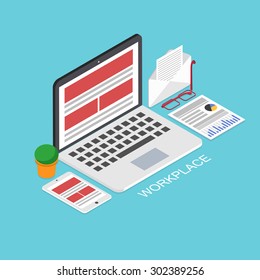 Vector modern concept 3d isometric workplace, business development background