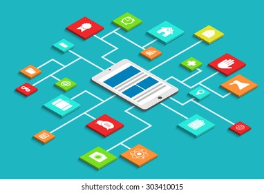 Vector modern concept 3d isometric smartphone infographic with app