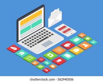 Vector modern concept 3d isometric smartphone and laptop with icons. Flat technology background for app development design