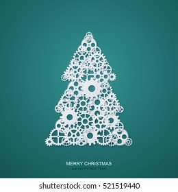 Vector modern concept christmas tree and mechanism gears background. Invitation of xmas or happy new year