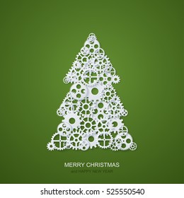 Vector modern concept christmas tree and mechanism gears background. Invitation of xmas or happy new year
