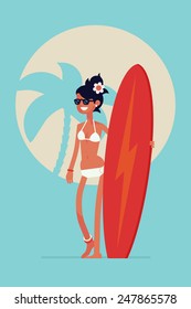 Vector modern concept design on best summer beach holidays water sport and activities with young surf bikini girl wearing hipster sunglasses and holding red surfboard on palm silhouette sun background