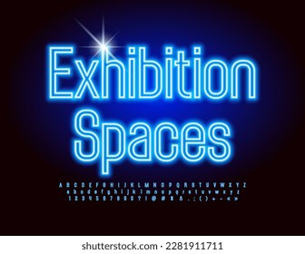 Vector modern concept Exhibition Spaces. Blue Neon Font. Electric set of Alphabet Letters, Numbers and Symbols