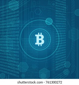 Vector Modern concept illustration of bitcoin emblem on blue digital background.