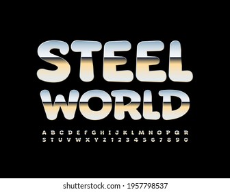 Vector concepto moderno Steel World. Fuente metálica reflectante. Juego de letras y números de alfabeto brillante plateado