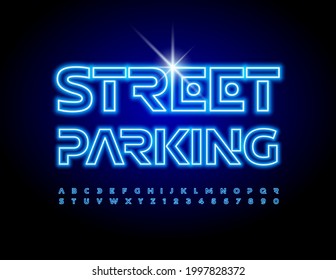 Vector modern concept Street Parking. Digital neon Alphabet Letters and Numbers. Blue light Font