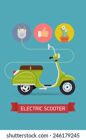 Vector modern concept web banner and print design on ecologic environmentally friendly rechargeable electric green scooters and motorcycles 