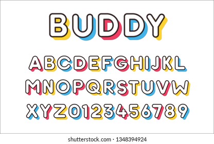 Vector modern cool bold font with colorful trendy shadows. Alphabet and numbers set