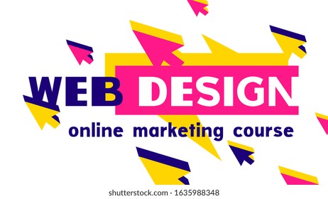 Vector modern cool geometric template with bright color web cursor and word design on white background. Flat style creative illustration design with header for web, site, banner, poster, advertising