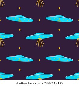 Vector modern cool pattern on the theme of space, aliens and extraterrestrials arriving on spaceships. Printable flat vector illustration for textile, fabric, wallpaper, wrapping.