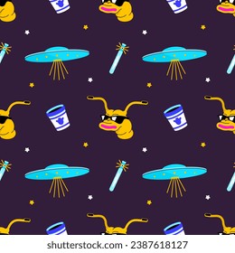 Vector modern cool pattern on the theme of space, aliens and extraterrestrials arriving on spaceships. Printable flat vector illustration for textile, fabric, wallpaper, wrapping.