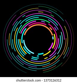 Vector modern creative backdrop of vivid multi colored curved elements.Multicolored decorative design halftone circle lines isolated on black.Circular abstract background.