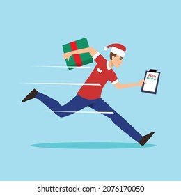 Vector modern creative Christmas concept illustration featuring A package courier on a Christmas Day