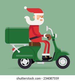 Vector modern creative Christmas concept illustration featuring Santa Claus riding green delivery scooter | Xmas character Santa Claus on green moped