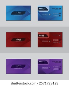 Vector Modern Creative and Clean double-sided Business Card, Corporate Minimal Unique Stylish Visiting Card with 3 variety of colors blue, red and purple.