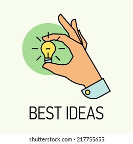 Vector modern creative concept business illustration on picking best ideas | Best business and industry ideas and solutions flat line design icon | Hand holding hand picked idea icon