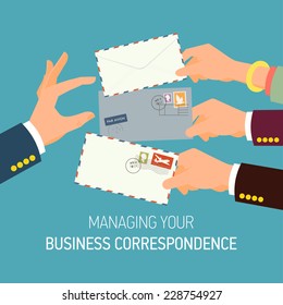 Vector modern creative concept design on business correspondence managing | Flat style illustration on hands holding postal envelopes and letters and another hand picking