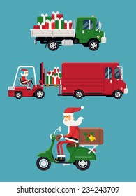 Vector modern creative concept design on christmas gifts shipment featuring Santa Claus loading a pile of gift boxes into cargo van, flatbed truck with pile of gifts and Santa riding delivery scooter