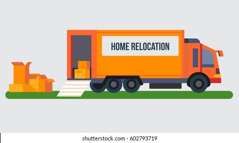 Vector Modern Creative Concept Design On Relocation And Moving Service With Moving Truck And Boxes. Flat Design.