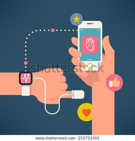 Vector modern creative concept design on modern high technology using in everyday life showing man tracking his health condition with special devices and mobile applications | Fitness wrist bracelet