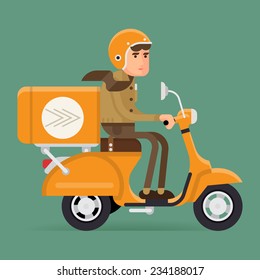 Vector modern creative delivery concept illustration featuring delivery man rinding orange shipping scooter, isolated | Male character in helmet riding orange moped