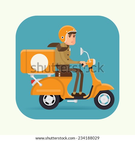 Vector modern creative delivery concept icon featuring courier rinding orange shipping scooter, rounded corners | Male character in helmet riding orange moped