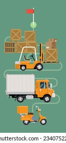 Vector modern creative flat concept design on logistics and distribution | Loading, shipping and delivery items featuring forklift, cargo truck and scooter