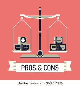 Vector modern creative flat concept design on choice and decision making with positive and negative arguments | Abstract illustration on pros and cons with balance scales and ribbon with sample title 