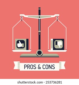 Vector modern creative flat concept design on decision making process with like and dislike analyzing | Abstract illustration on pros and cons with balance scales and ribbon with sample title 