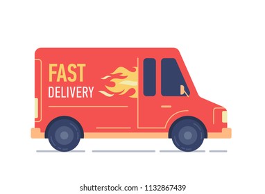 Vector modern creative flat design illustration featuring fast delivery modern van with the fire image on his side, side view. Vector