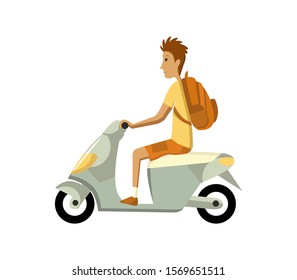 Vector modern creative flat design illustration featuring young man commuting on retro scooter. Man riding classic looking moped, side view
