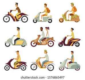 Vector modern creative flat design illustration featuring young man commuting on retro scooter. Man riding classic looking moped, side view. Set of vector styled scooter