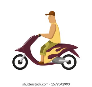 Vector modern creative flat design illustration featuring young man commuting on retro scooter. Man riding classic looking moped, side view