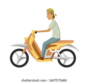 Vector modern creative flat design illustration featuring young man commuting on retro scooter. Man riding classic looking moped, side view